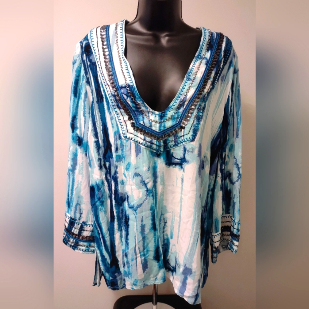 Soft Surroundings Sea Glass Aqua Beaded Tunic Top, Size Medium, Great Condition!